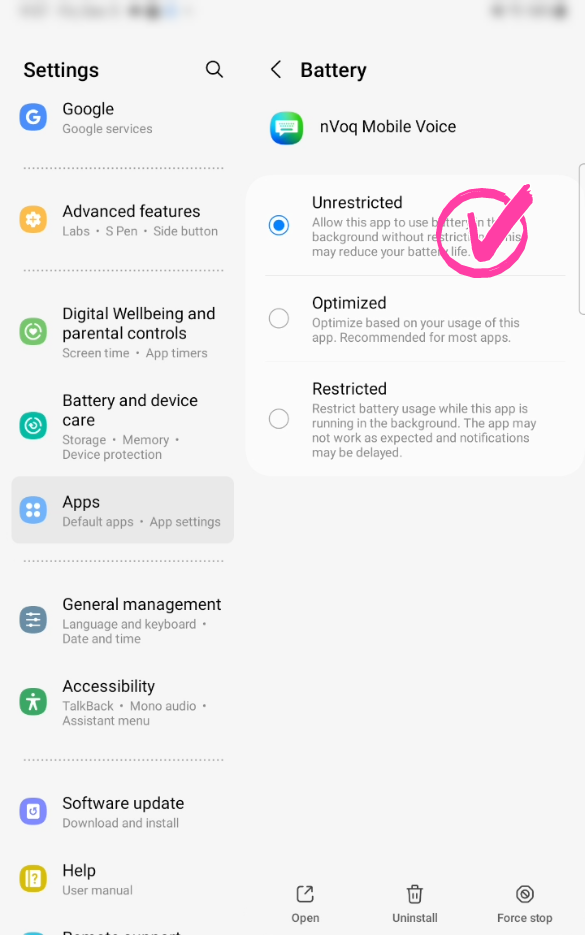 Android-Settings-Apps-nVoqMobileVoice-Battery-Unrestricted-checkmark