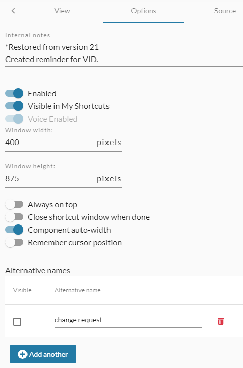 Shortcuts-Options-tab