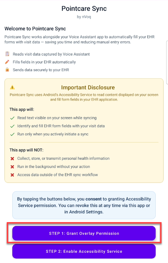 Voice-Android-nVoq EHR Sync-setup-screen-Step1.png