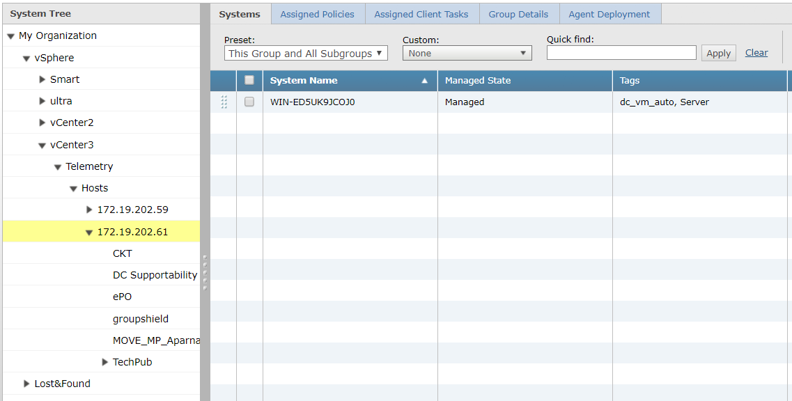 Screenshot of the System Tree pane showing the organization tree on the left with a highlighted vSphere group and the Systems table on the right with columns such as System Name, Managed State, and Tags