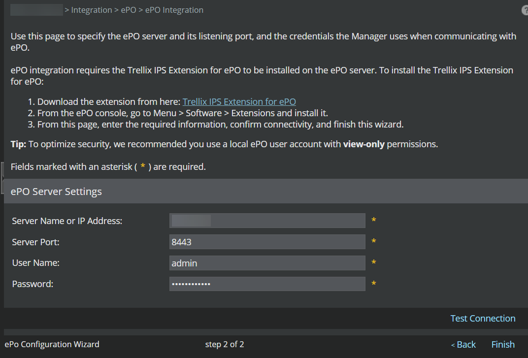 McAfee ePO Server Settings Page