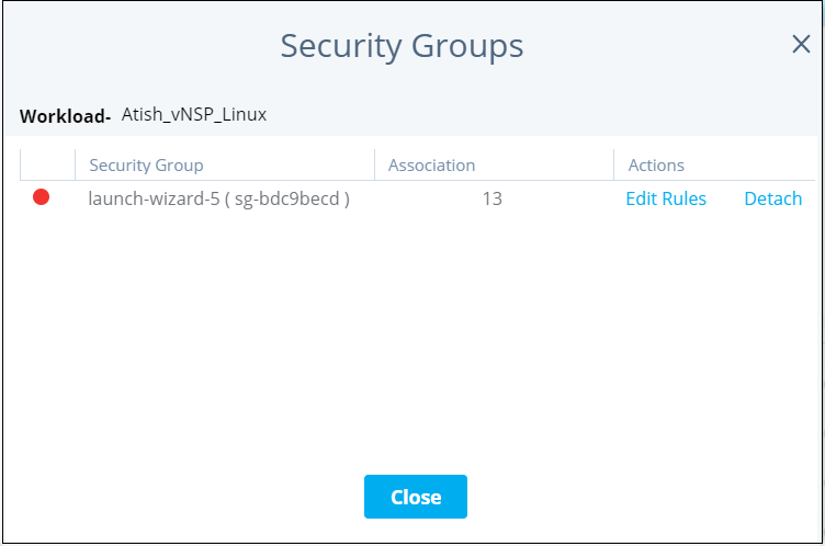 Modal dialog titled Security Groups showing a light header with the title, a table/list of security groups with one entry launch-wizard-5 ( sg-bdc9becd ), an Association column value 13, an Actions column with links Edit Rules and Detach, and a blue Close button centered at the bottom of the dialog.