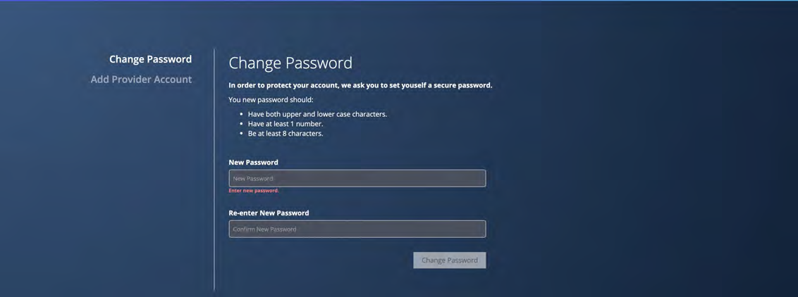 Change Password screen showing password requirements and fields for new password and confirmation on a dark blue background.