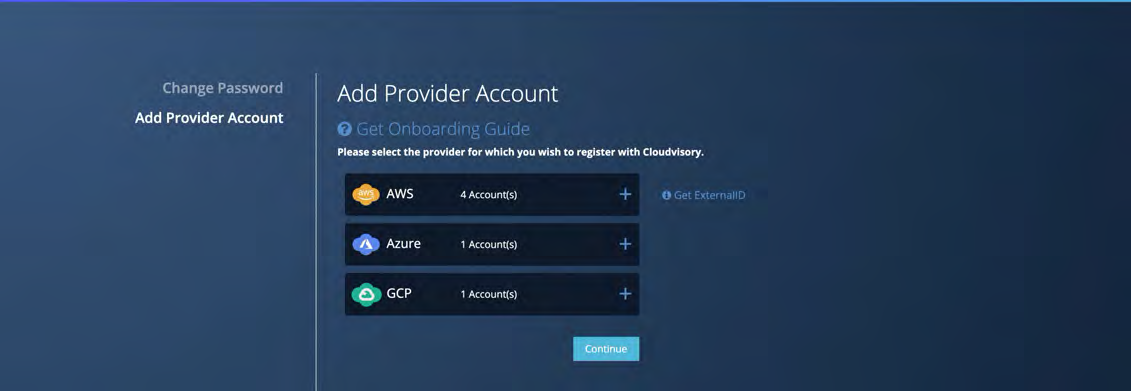 Screenshot of Add Provider Account onboarding screen showing provider list (AWS, Azure, GCP) on a dark blue background with a Continue button