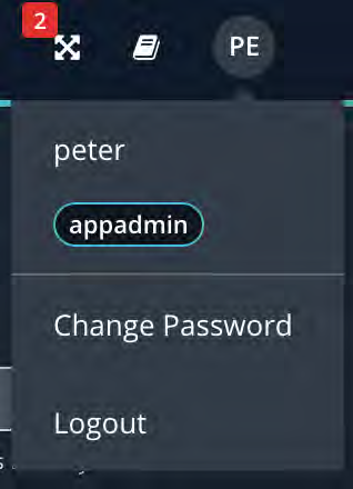 Screenshot of user dropdown menu showing user name peter, role badge appadmin, and options including Change Password and Logout