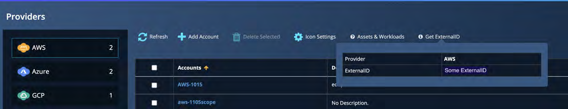 Screenshot of the Providers page showing AWS, Azure, GCP in the left panel and a highlighted Get ExternalID dialog for AWS