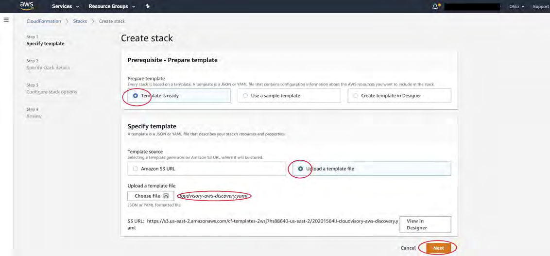 AWS CloudFormation Create stack console screenshot showing Prerequisite - Prepare template and Specify template sections. The Template is ready radio option is selected; Upload a template file is selected and the uploaded filename cloudvisory-aws-discovery.yaml is visible. The Next button is highlighted in the screenshot.