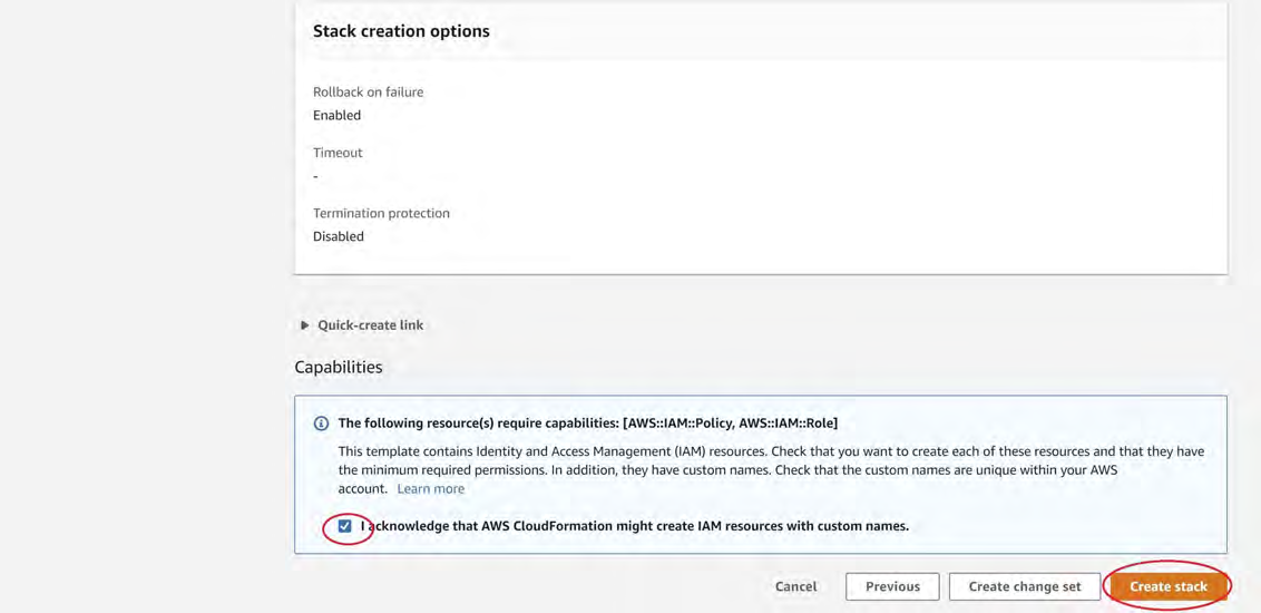 AWS CloudFormation Stack creation options dialog showing rollback on failure Enabled, Timeout -, Termination protection Disabled, capabilities acknowledgement checkbox and Create stack button circled