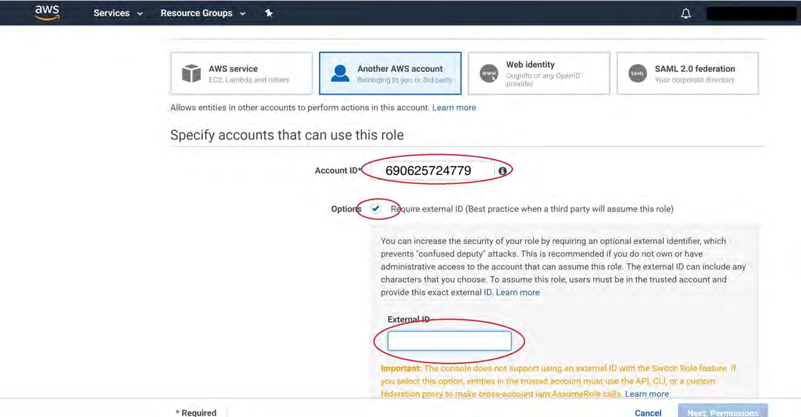 AWS Console screenshot titled Specify accounts that can use this role showing the Account ID field with value 690625724779 circled in red, the Require external ID option checked/circled, and an empty External ID text field circled.