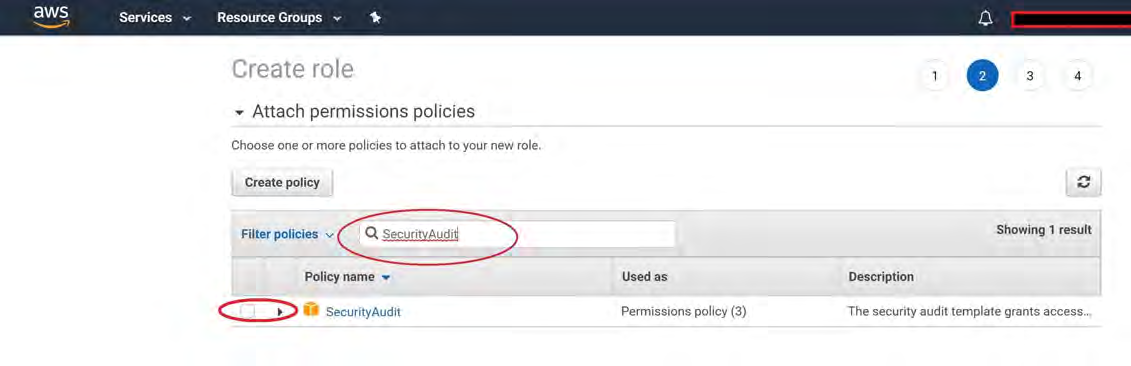 AWS Console screenshot of Create role - Attach permissions policies showing the Filter policies search box with SecurityAudit entered and circled, and the SecurityAudit policy row highlighted/selected.