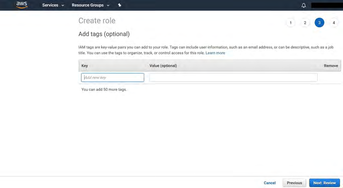 A screenshot of the AWS Create role page showing Add tags (optional) with a table header Key and Value (optional), an input box labeled Add new key, the text You can add 50 more tags., and navigation buttons Cancel, Previous, and a blue Next: Review button on the lower right.