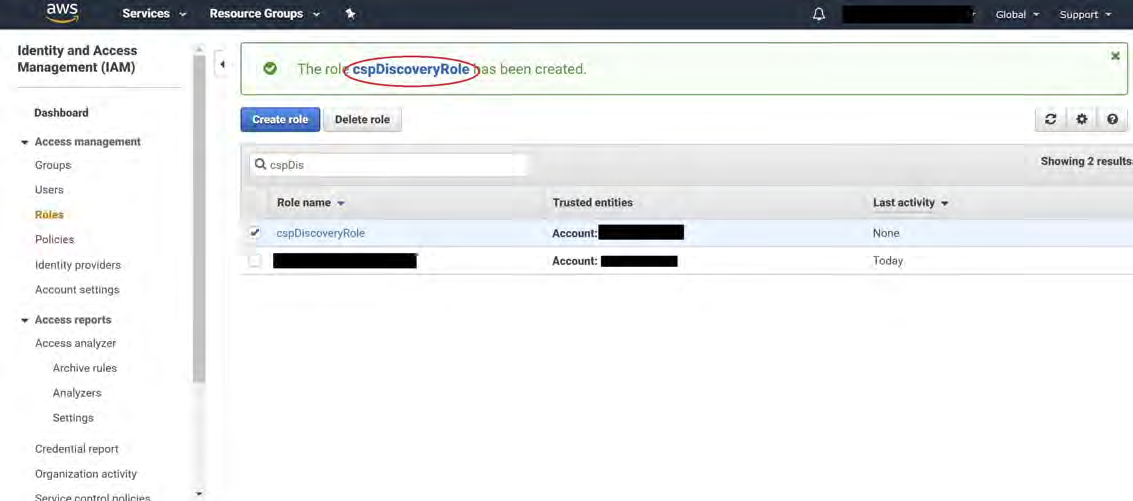 AWS Identity and Access Management (IAM) Roles list screenshot showing a green success banner indicating The role cspDiscoveryRole has been created. and a roles table with the role name cspDiscoveryRole highlighted; left navigation with IAM menu is visible.