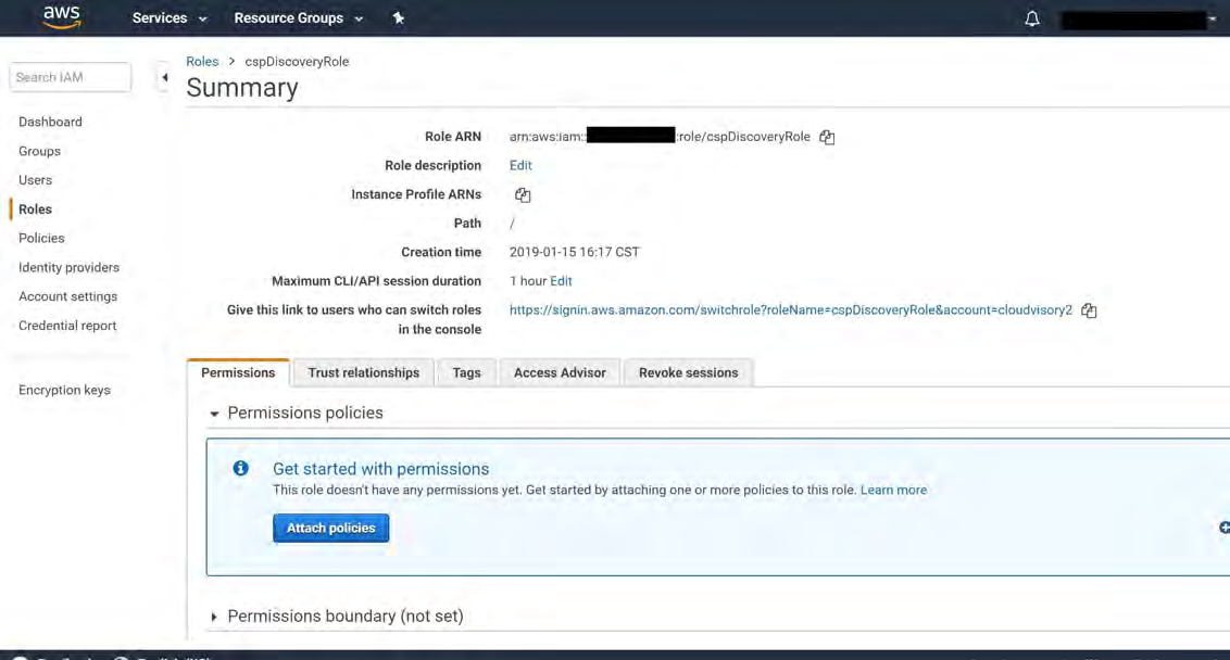 AWS IAM console Role Summary screenshot for role cspDiscoveryRole showing Role ARN, role details and Permissions tab with 'Get started with permissions' panel