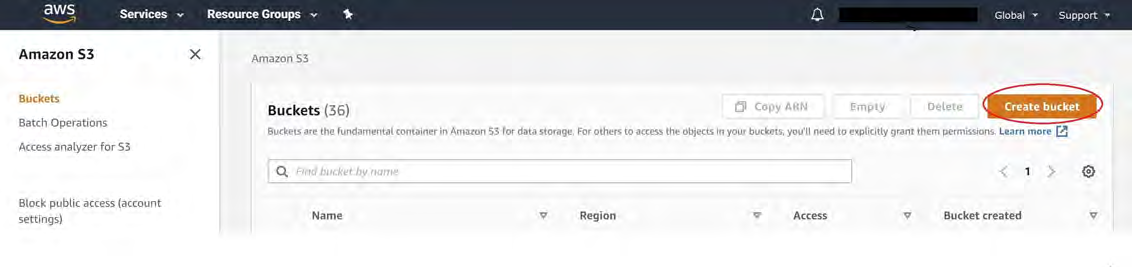 Amazon S3 Buckets page screenshot with the 'Create bucket' button circled on the right side of the page.