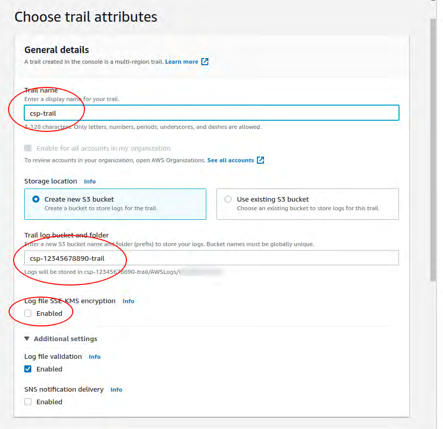 AWS Console screenshot titled Choose trail attributes showing the Trail name field filled with csp-trail, the Trail log bucket and folder field filled with csp-12345678890-trail, and the Log file SSE-KMS encryption checkbox labeled Enabled circled in red.