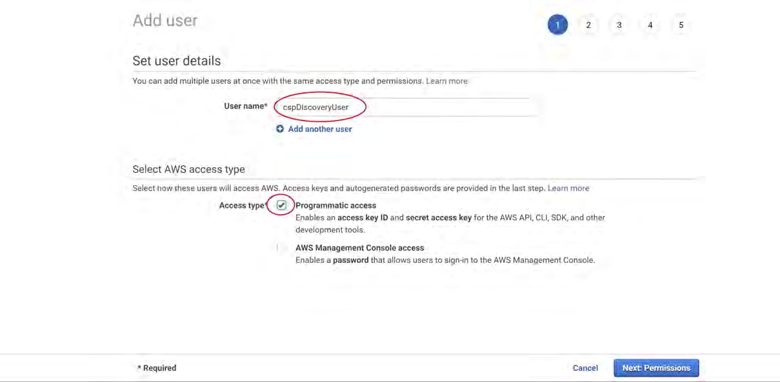 A screenshot of the AWS 'Add user' page showing the User name field with 'cspDiscoveryUser' circled and the 'Programmatic access' checkbox selected; the Next:Permissions button is visible at the bottom.