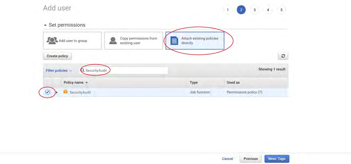AWS Add user permissions screen showing the Attach existing policies directly option highlighted and the SecurityAudit policy circled/selected