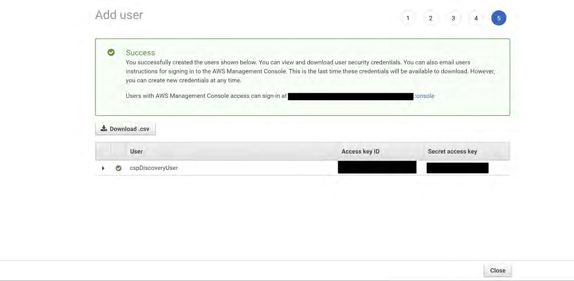 AWS Add user success screen with a green Success box, Download .csv button, and a table row for user cspDiscoveryUser showing masked Access key ID and Secret access key