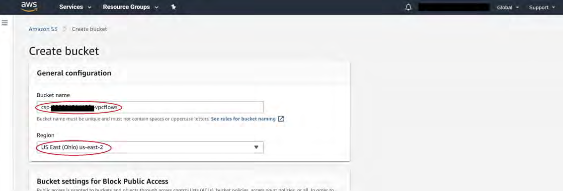 AWS S3 Create bucket screen showing Create bucket general configuration, with the Bucket name field and Region (US East (Ohio) us-east-2) circled in red