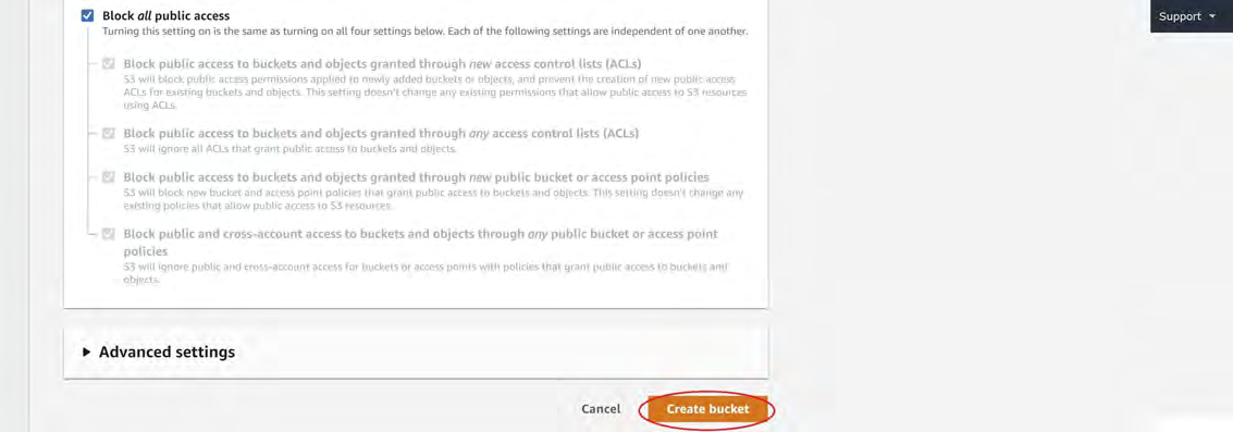 Screenshot of the Block all public access settings panel in S3 showing the four block options and the Create bucket button circled