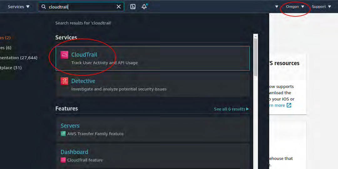 AWS console search results showing CloudTrail highlighted; the region selector (Oregon) is circled