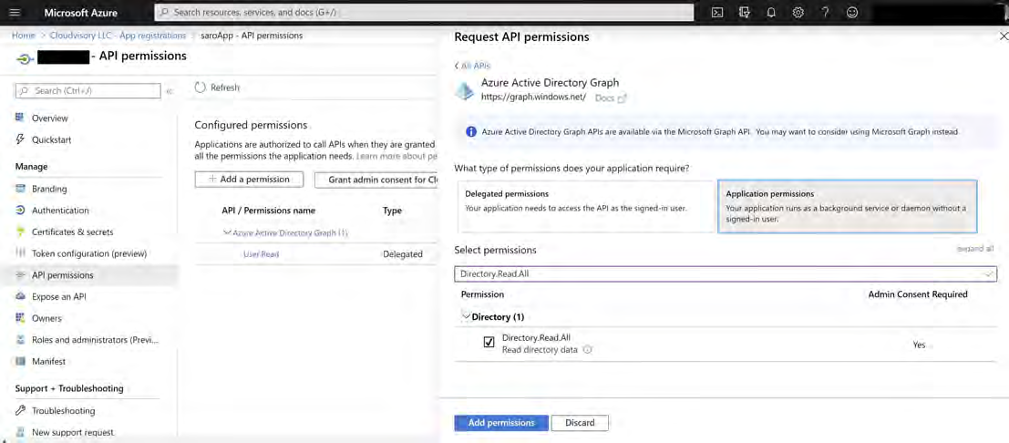 Azure portal screenshot showing Request API permissions panel. Left side shows the app's API permissions list and Add a permission button. Right side highlights Azure Active Directory Graph selection with Application permissions chosen and Directory.Read.All selected, including the Add permissions and Discard buttons.