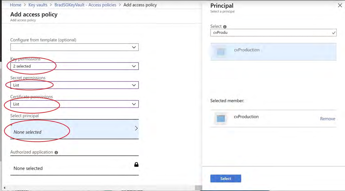 Screenshot of the Azure Add access policy dialog showing configured Key permissions, Secret permissions, Certificate permissions, and the Select principal panel with cvProduction selected on the right side.