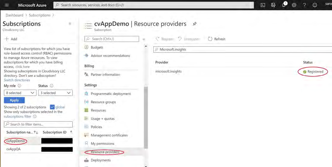 Azure portal screenshot showing Subscriptions and Resource providers for subscription cvAppDemo with provider microsoft.insights status Registered.