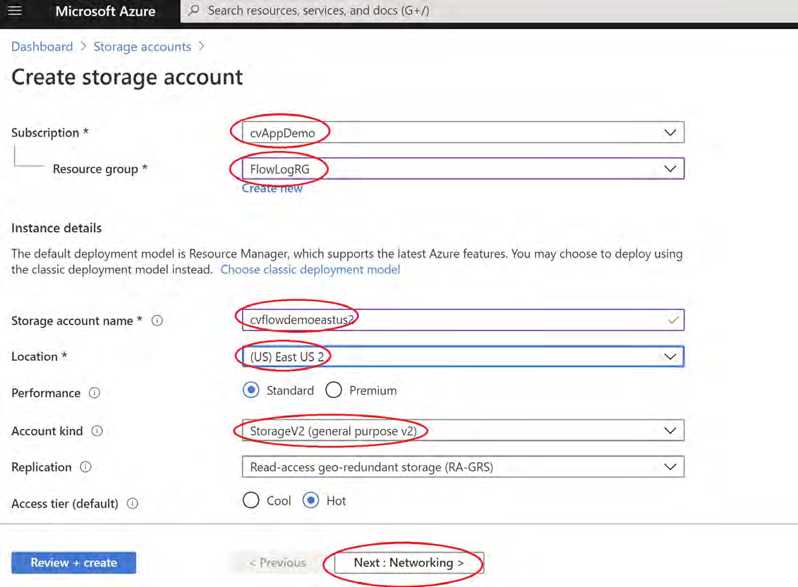 Screenshot of the Azure Create storage account page showing Subscription set to cvAppDemo, Resource group set to FlowLogRG, Storage account name cvflowdemoeastus2, Location (US) East US 2, Account kind StorageV2 (general purpose v2), and the Next : Networking button circled.