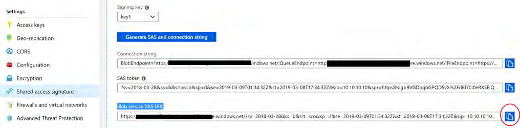 Close-up screenshot of the Connection string and Blob service SAS URL area in the Azure portal with the Blob Service SAS URL field and copy icon highlighted.