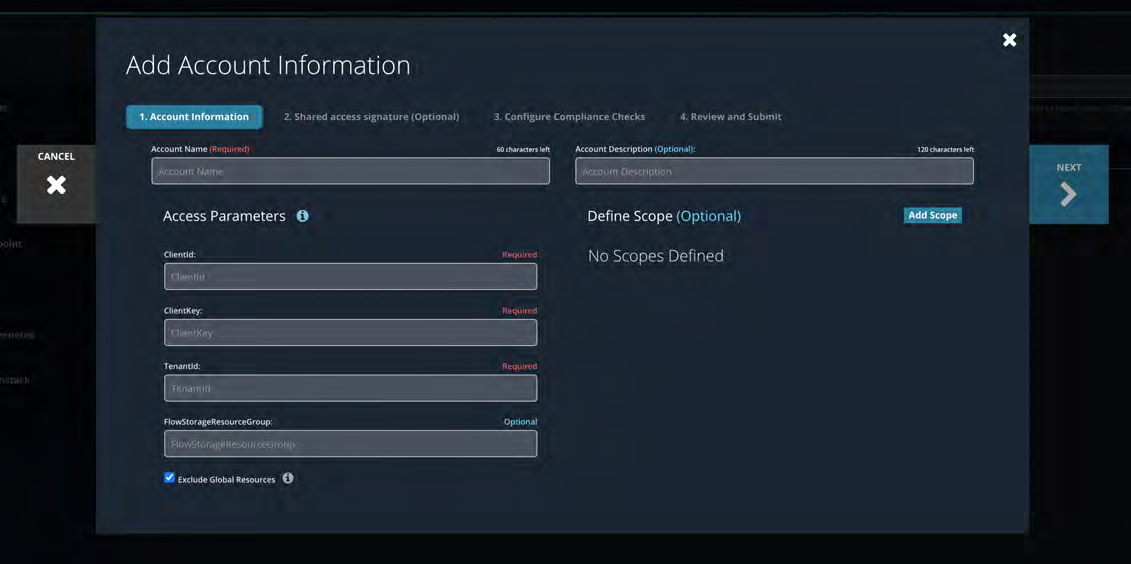Dark modal UI titled Add Account Information showing form fields for Account Name, Access Parameters (ClientId, ClientKey, TenantId, FlowStorageResourceGroup) on the left and a Define Scope (Optional) panel on the right with No Scopes Defined.