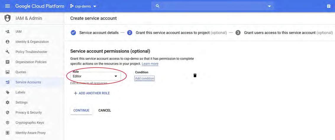 Google Cloud Platform console screenshot showing the Service account permissions (optional) section. A Role dropdown is visible and Editor is selected and circled in red. The Add another role link and CONTINUE and CANCEL buttons are visible. Left navigation with IAM & Admin is present.