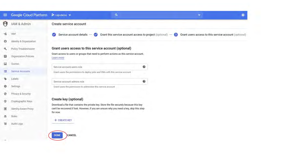 Google Cloud Platform Create service account page showing Grant users access to this service account (optional), Create key (optional) section with + CREATE KEY button and the DONE button circled