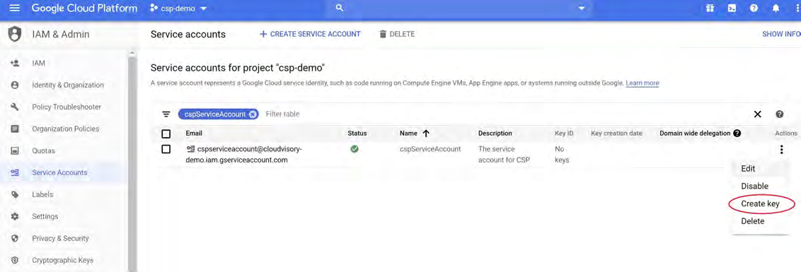 Service accounts list for project csp-demo showing cpsServiceAccount entry and the Actions menu with Create key circled