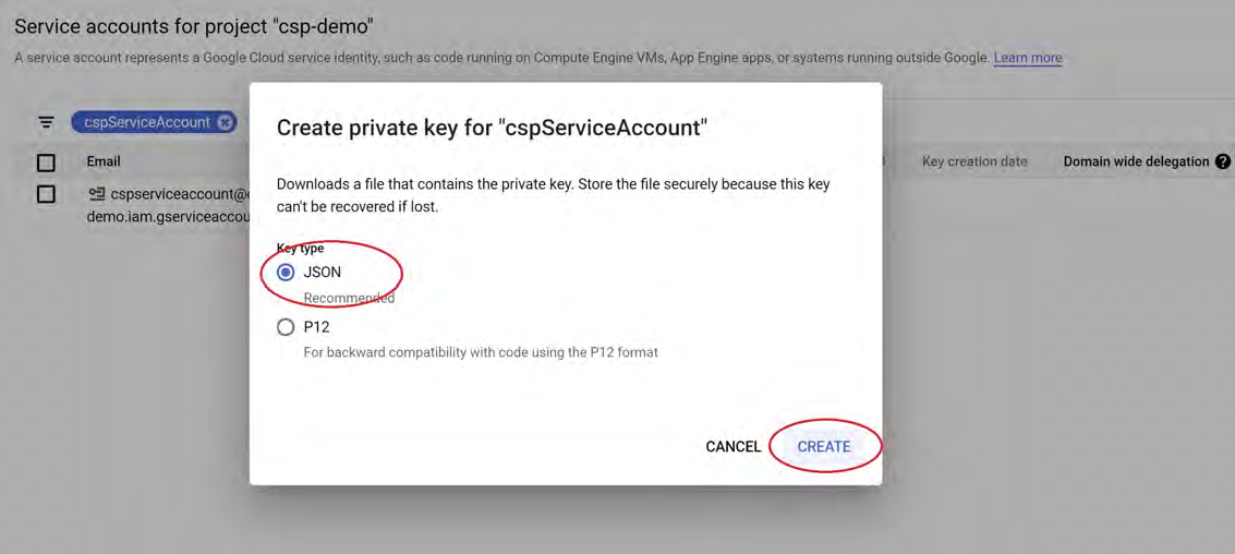 Create private key for 'cspServiceAccount' dialog with JSON option selected and the CREATE button circled