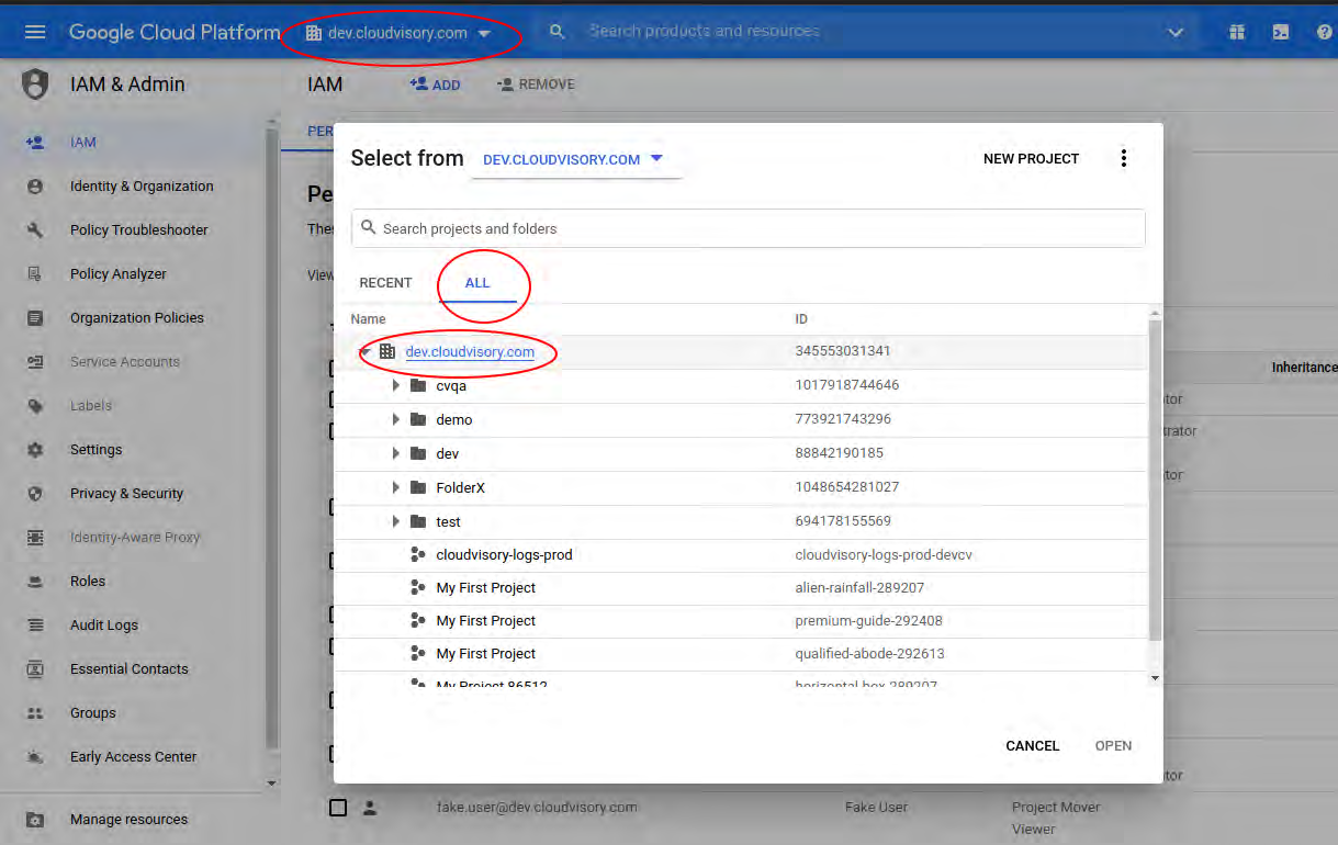Select from pop-up in Google Cloud Console showing the organization list with the ALL tab and dev.cloudvisory.com entry circled