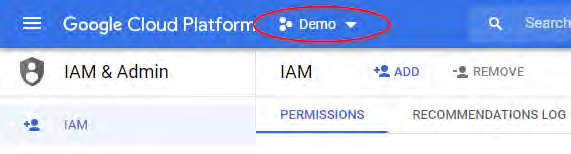 Google Cloud Platform header screenshot showing the project selector with the project name Demo circled in red on the blue top navigation bar.