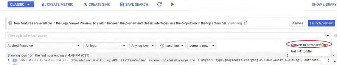 Logs Viewer screenshot showing the top action bar with buttons like CLASSIC, CREATE METRIC, CREATE SINK, SAVE SEARCH; the filter input area with a circled Convert to advanced filter option on the right