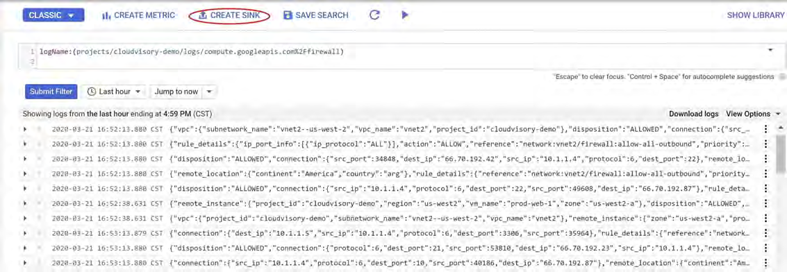 Logs Viewer screenshot showing the CREATE SINK button in the top action bar and the log listing below