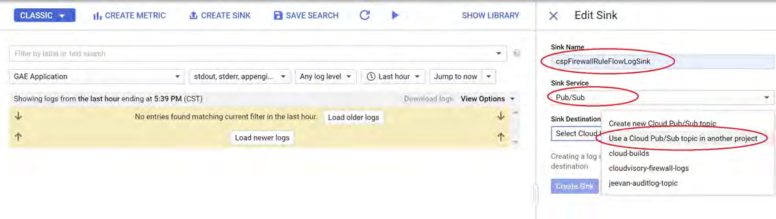 Edit Sink panel screenshot showing Sink Name field with cspFirewallRuleFlowLogSink, Sink Service dropdown set to Pub/Sub, and Sink Destination dropdown with Use a Cloud Pub/Sub topic in another project circled; right-side form controls are visible.