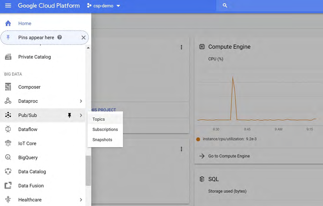 Google Cloud Platform console showing left navigation with Pub/Sub menu open; right side shows Compute Engine CPU utilization chart and dashboard panels.