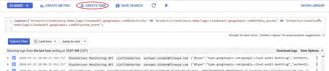 Logs Viewer toolbar screenshot with the CREATE SINK button highlighted/circled; example filter text is shown in the query box below the toolbar.