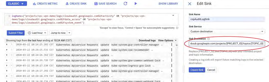 Two stacked screenshots showing the GCP Logs Viewer with a log filter box and a right-side Edit Sink dialog. Red circles highlight the Sink Name field (cspAuditLogSink), the Sink Service selection (Pub/Sub / Custom destination), and the Sink Destination input (example: pubsub.googleapis.com/projects/[PROJECT_ID