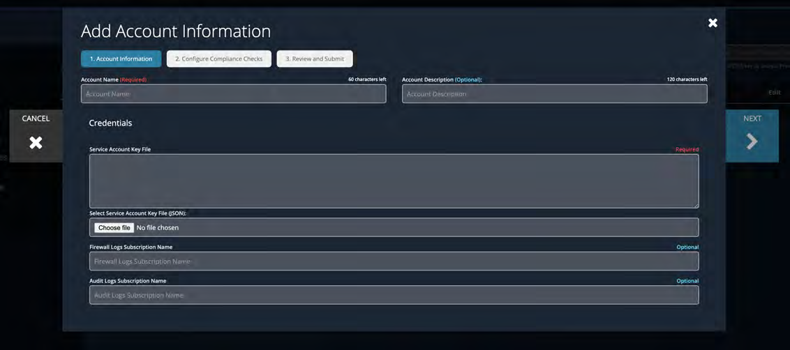 Modal titled Add Account Information showing form fields for Account Name, Account Description, Credentials (Service Account Key File) with a Choose file button, and optional fields for Firewall Logs Subscription Name and Audit Logs Subscription Name. The modal has NEXT and CANCEL controls at the bottom right and left respectively.