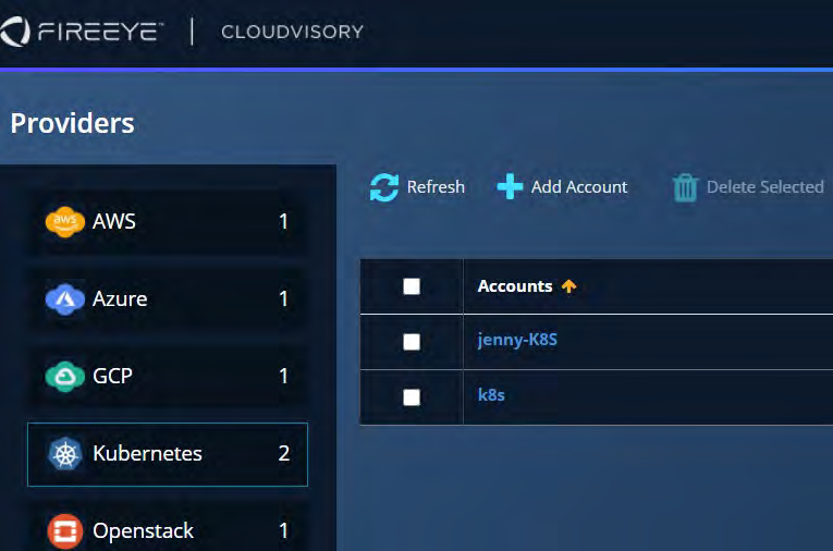 Cloudvisory Providers screen showing provider list on the left (AWS, Azure, GCP, Kubernetes, Openstack) and accounts table on the right with Add Account and Refresh icons