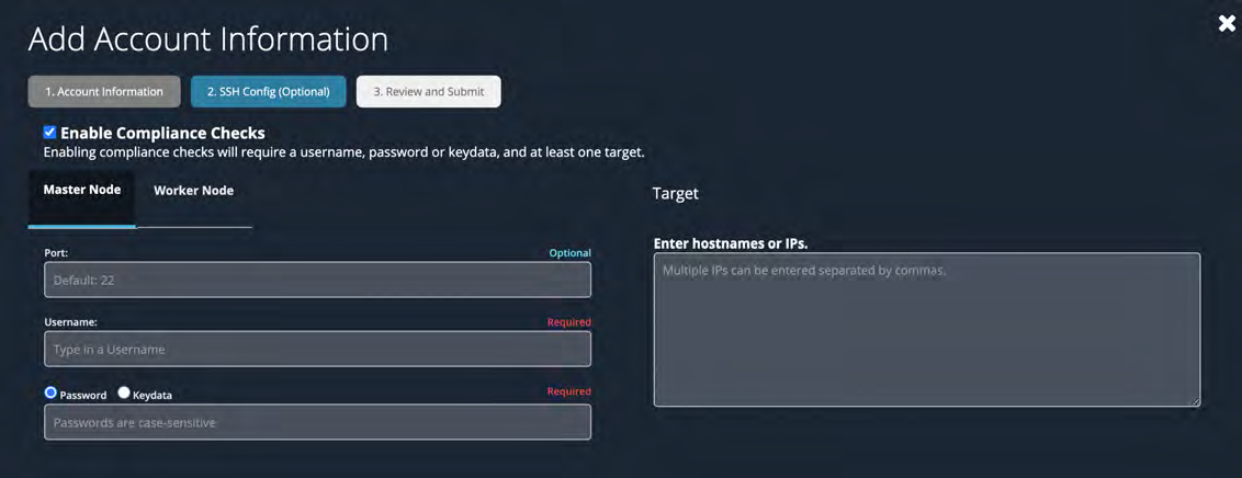 Master Node and Target panel showing Port field (Default: 22), Username field, radio for Password/Keydata, password input, and a large Target Enter hostnames or IPs text area