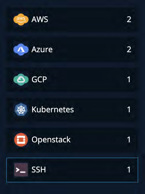 Dark vertical sidebar showing a providers list with icons and labels AWS, Azure, GCP, Kubernetes, Openstack and SSH highlighted