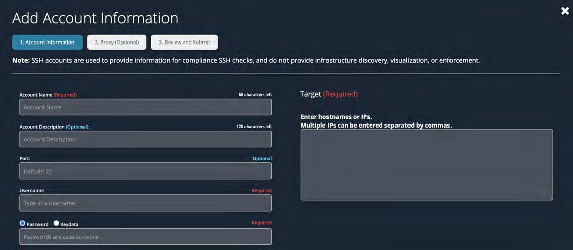 Add Account Information modal screenshot showing form fields such as Account Name (Required), Account Description (Optional), Port (Default: 22), Username, Password/Keydata options, and a Target section to enter hostnames or IPs