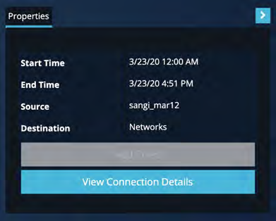 Screenshot of a Properties panel on a dark UI showing fields such as Start Time, End Time, Source, Destination and a View Connection Details button