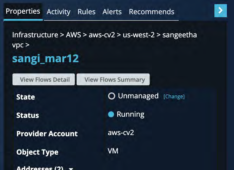 Dark-themed Properties panel screenshot showing breadcrumb Infrastructure AWS aws-cv2 us-west-2 sangeetha vpc , large asset name sangi_mar12, buttons View Flows Detail and View Flows Summary, and fields: State (Unmanaged), Status (Running), Provider Account (aws-cv2), Object Type (VM).